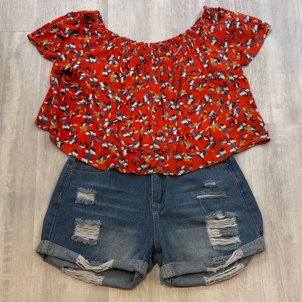 Red Floral Off-Shoulder Crop Top with shorts large top/small shorts